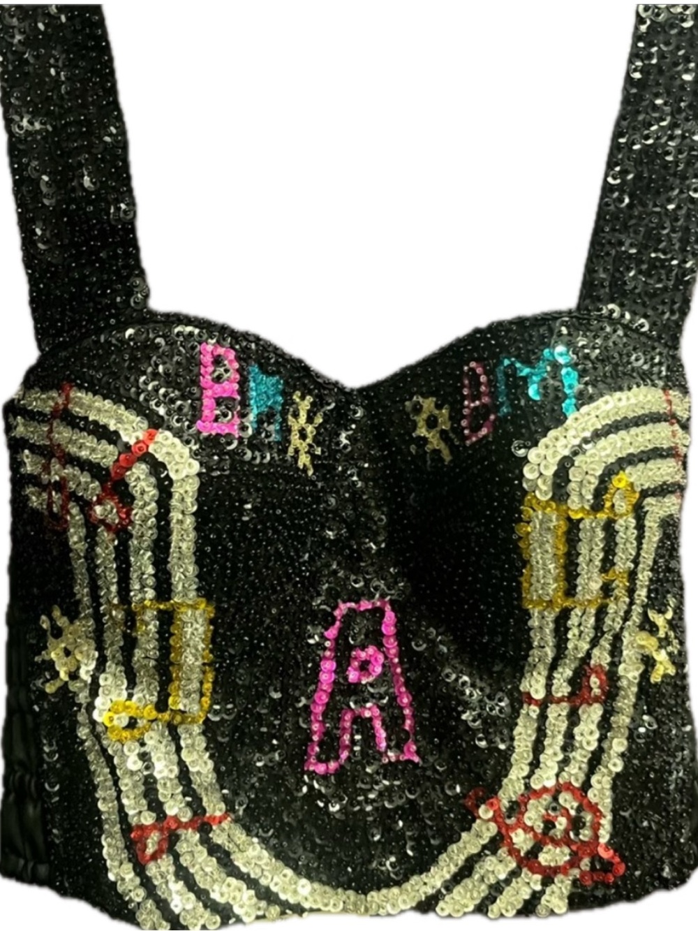 NWT music notes black pink blue silver sequin bra bustiers halter crop top 90s